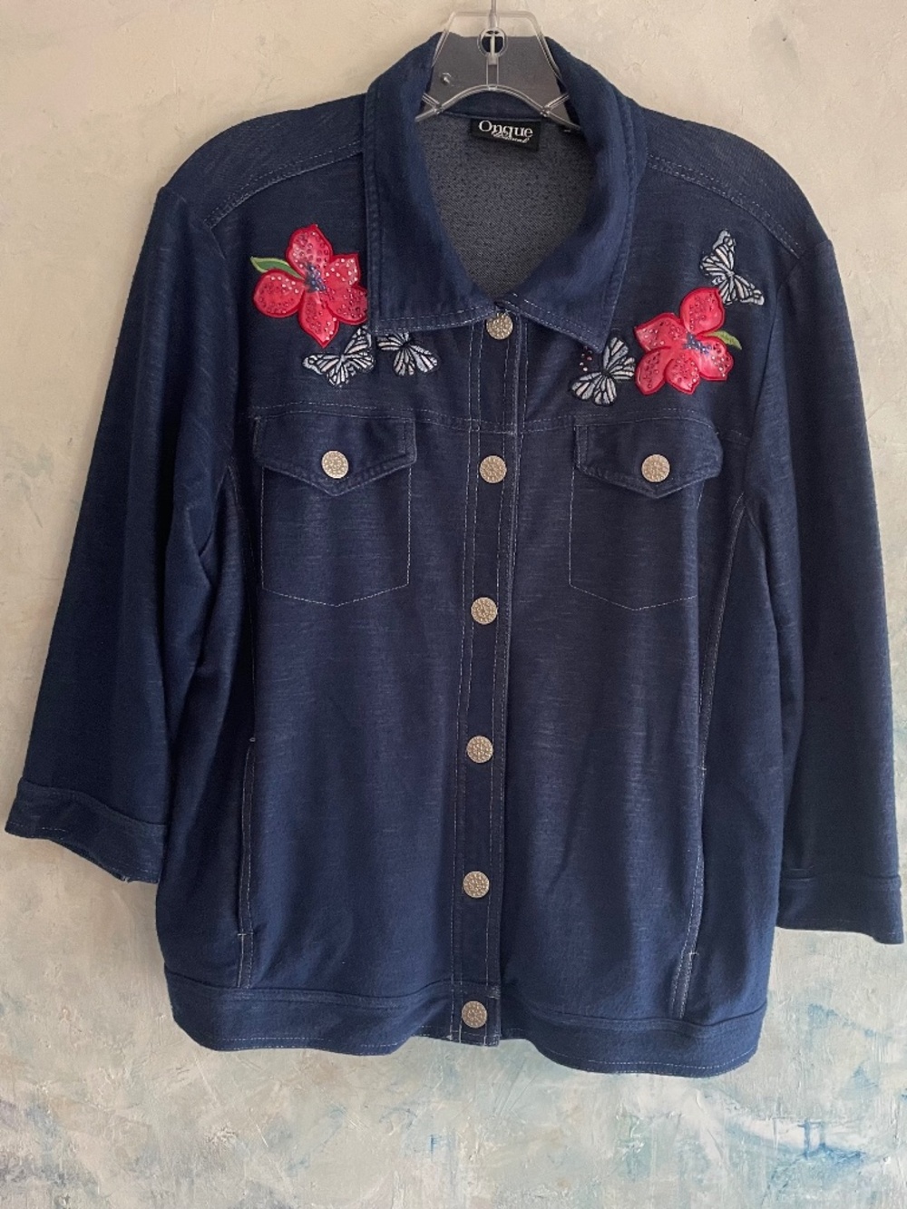 Embroidered Bedazzled Floral and Butterfly Knit "Denim" Granny Jacket– size XL - Picture 9 of 13